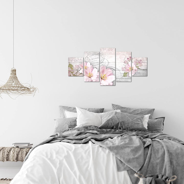 Runa Art Wandbilder Vintage Blumen 5 Teilig Bild auf Vlies Leinwand Deko Wohnzimmer Holzoptik Grau R