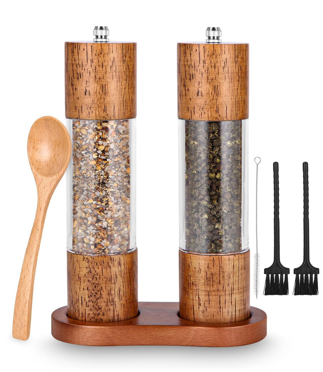 Salz und Pfeffermühle Holz 2er Set, Gewürzmühle mit Keramikmahlwerk, Salz und Pfefferstreuer mit unt