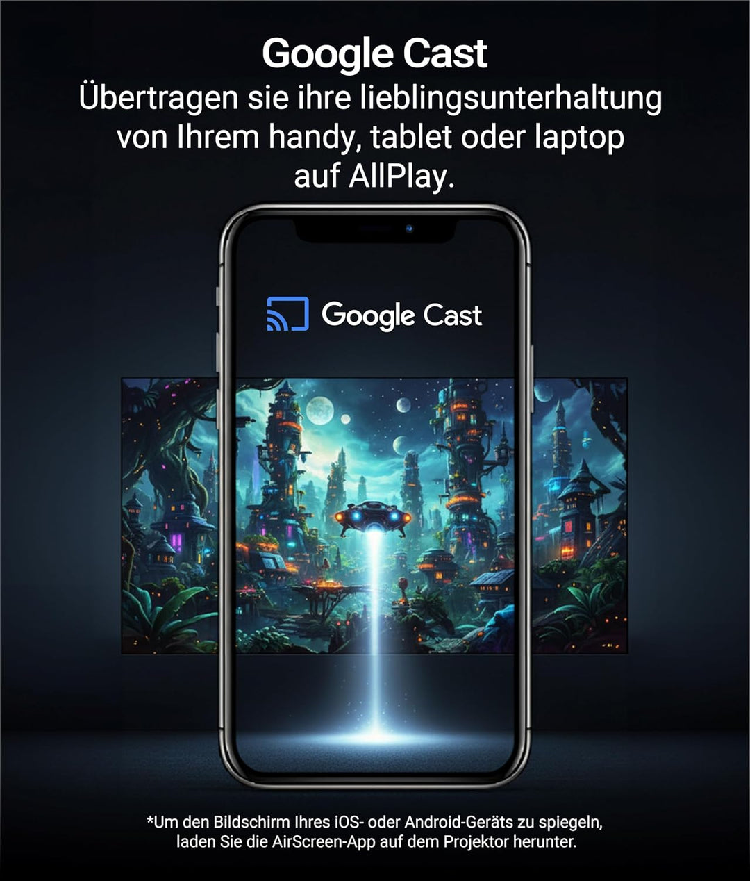 AllPlay Smart Beamer mit Google TV, Full HD 1080p, WiFi &amp; Bluetooth, Autofokus, Aautomatische Trapez