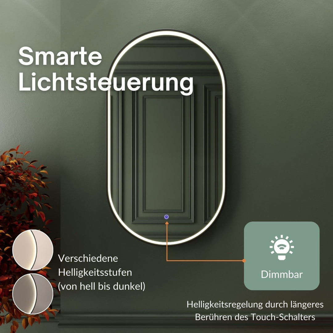 Planetmöbel GLORA Badspiegel mit Beleuchtung 50 x 90 cm, Spiegel mit Rahmen, 3 Lichtstufen (3000-600