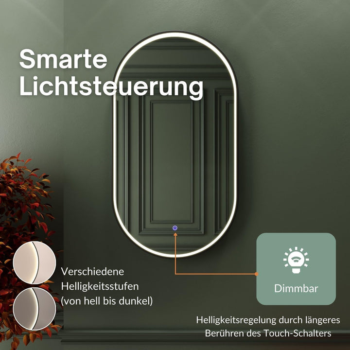 Planetmöbel GLORA Badspiegel mit Beleuchtung 50 x 90 cm, Spiegel mit Rahmen, 3 Lichtstufen (3000-600