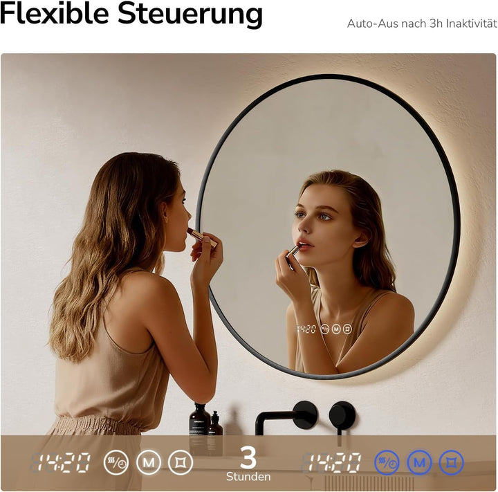 EMKE LED Badspiegel Rund Spiegel mit Beleuchtung ф70cm Badspiegel Schwarzer Rand Badezimmerspiegel m