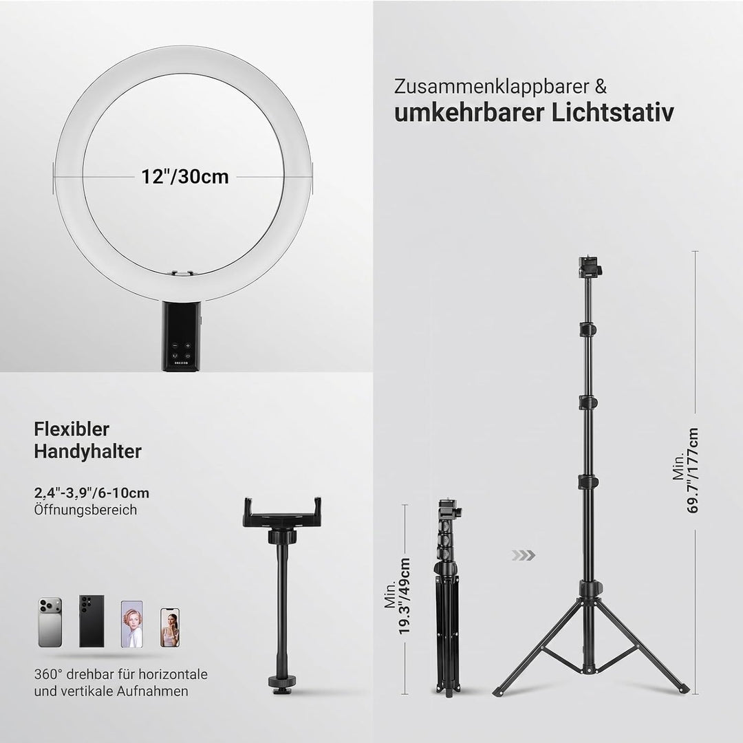 NEEWER 12" Selfie Ringlicht mit App Steuerung/Fernbedienung/Stativ, 3200mAh, zweifarbige LED, CRI 95