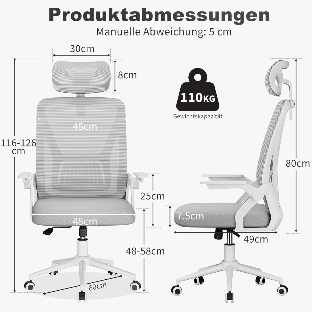 naspaluro Ergonomischer Bürostuhl, Schreibtischstuhl mit 90° Klappbaren Armlehnen, Einzigartige Lend