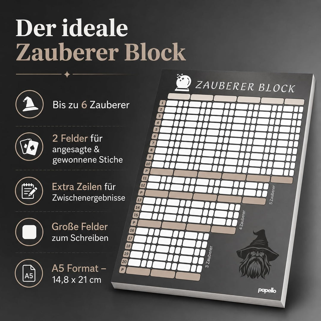 Zauberer Block Ersatzblock 4 Stück A5 – Spielblock kompatibel mit Wizard Kartenspiel, umweltfreundli