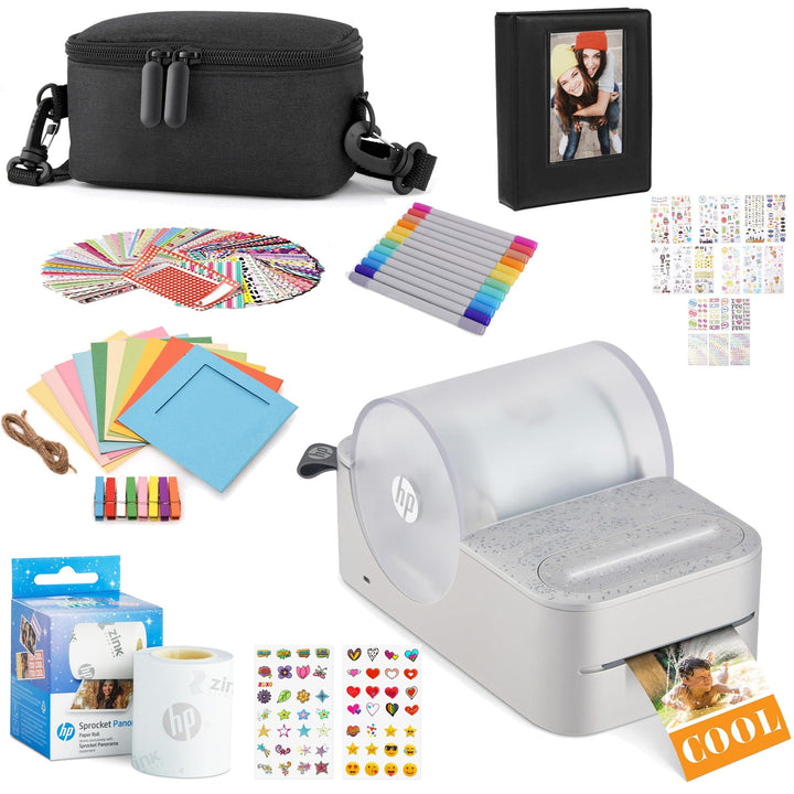 HP Sprocket Panorama Tragbarer Sofort-Farbetiketten- und Fotodrucker (Grau), Geschenkpaket mit Etui,
