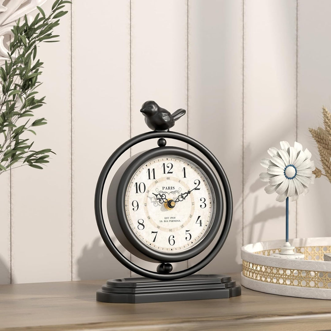 Schwarze Vintage-Tischuhr mit Vogel, europäischer Retro-Stil, Kaminuhr, Schreibtisch- und Regaldekor