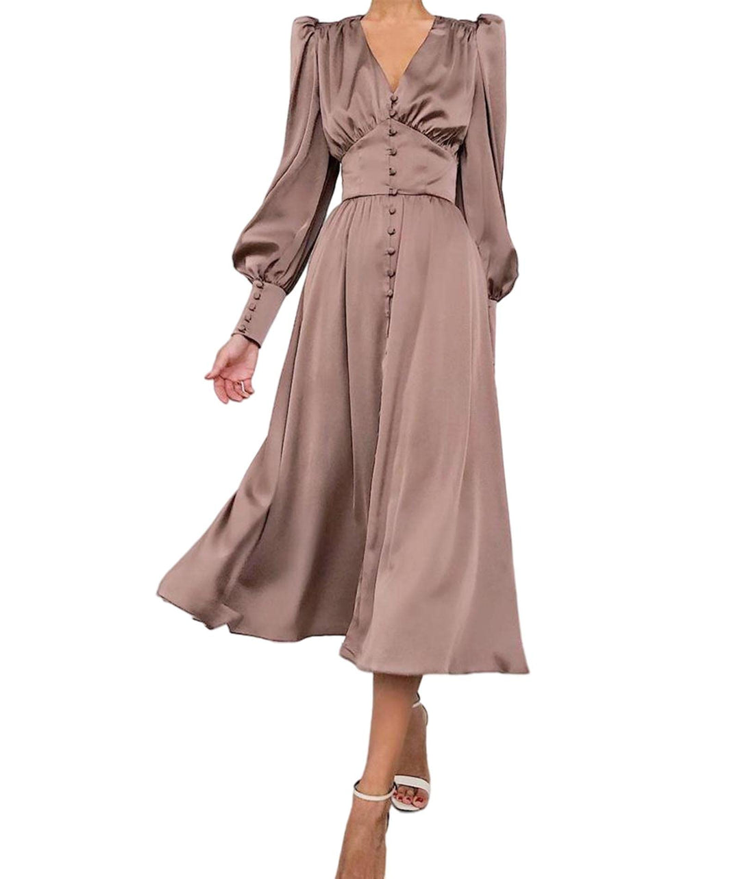 xxxiticat Damen Langarm Satin Maxikleid Lange Laternenärmel Knopfleiste Rüschen Einreihig Vintage Pu