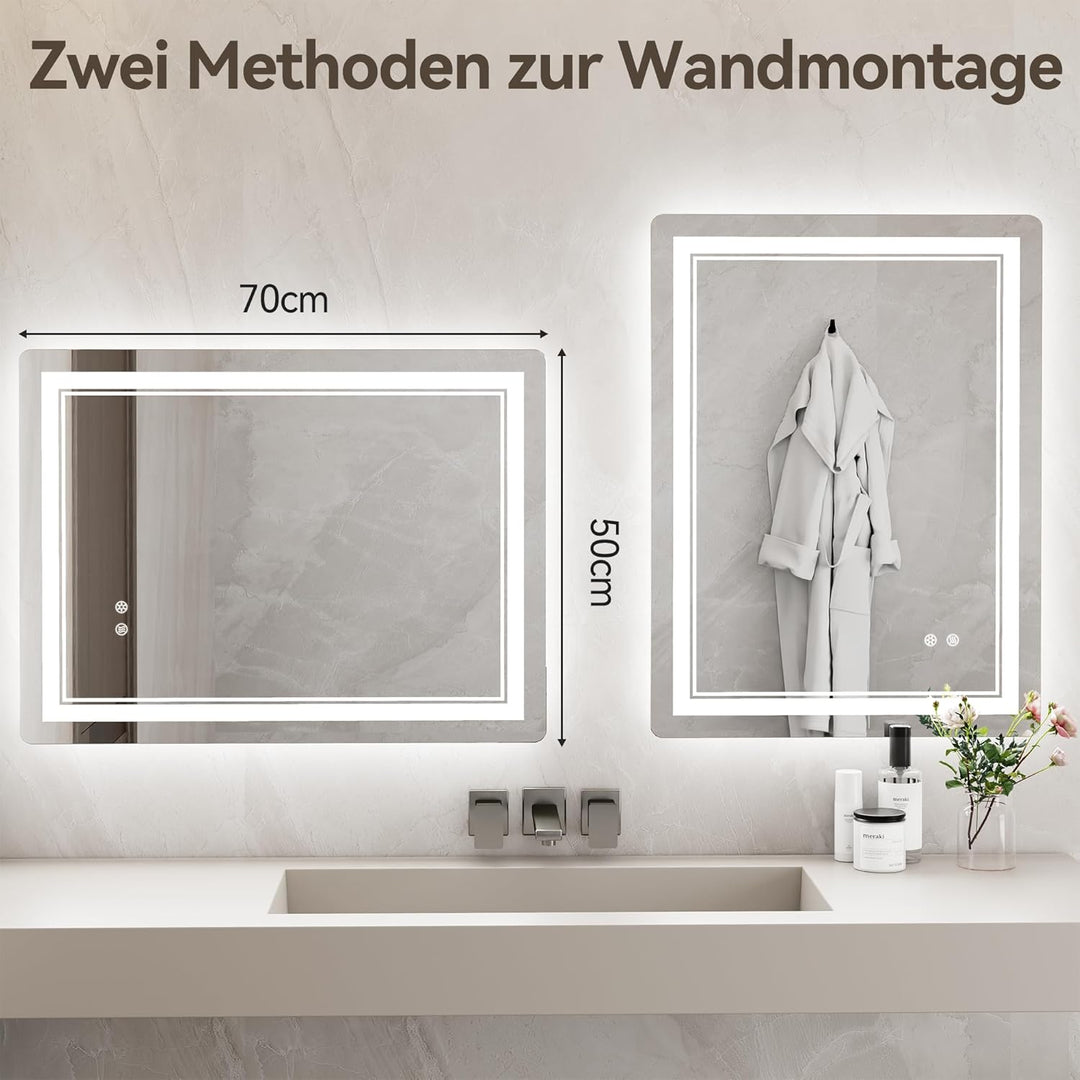 Badspiegel mit Beleuchtung 70x50 cm, Badezimmer Beleuchteter Wandspiegel mit Led 3 Farben, Stufenlos