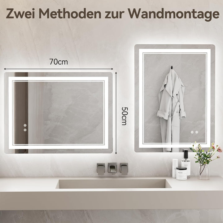 Badspiegel mit Beleuchtung 70x50 cm, Badezimmer Beleuchteter Wandspiegel mit Led 3 Farben, Stufenlos