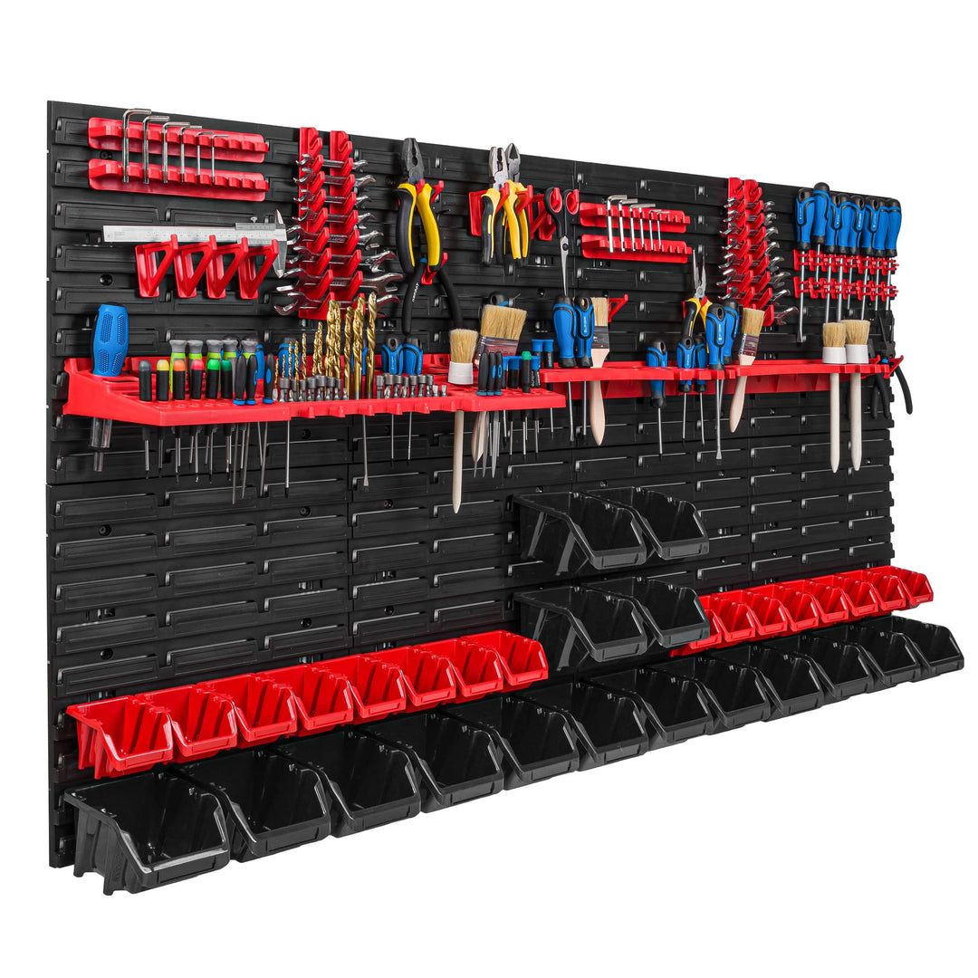 Lagersystem Werkstattregal | 156 x 78 cm | 32 stck. Box | Wandregal mit Werkzeughalterungen und Stap
