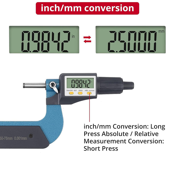 XUNTOP Mikrometer Digital 50-75mm Elektronische Mikrometer Hohe Präzision Bügelmessschraube mit LCD-