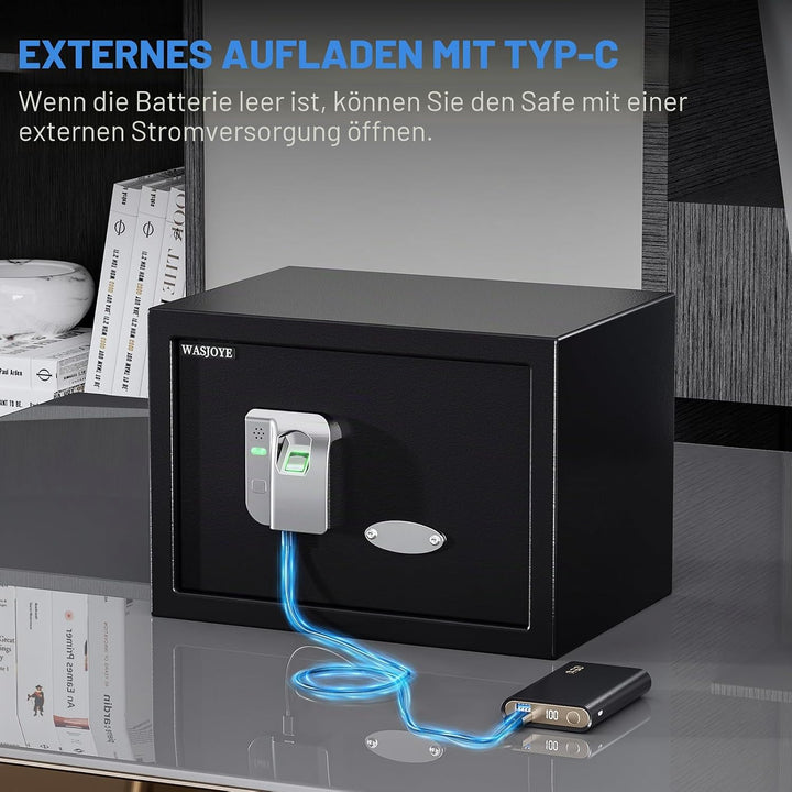 WASJOYE 25L Fingerabdruck Tresor Safe, Zahlenschloss, Biometrischer Möbeltresore, mit 2 Schlüssel, f