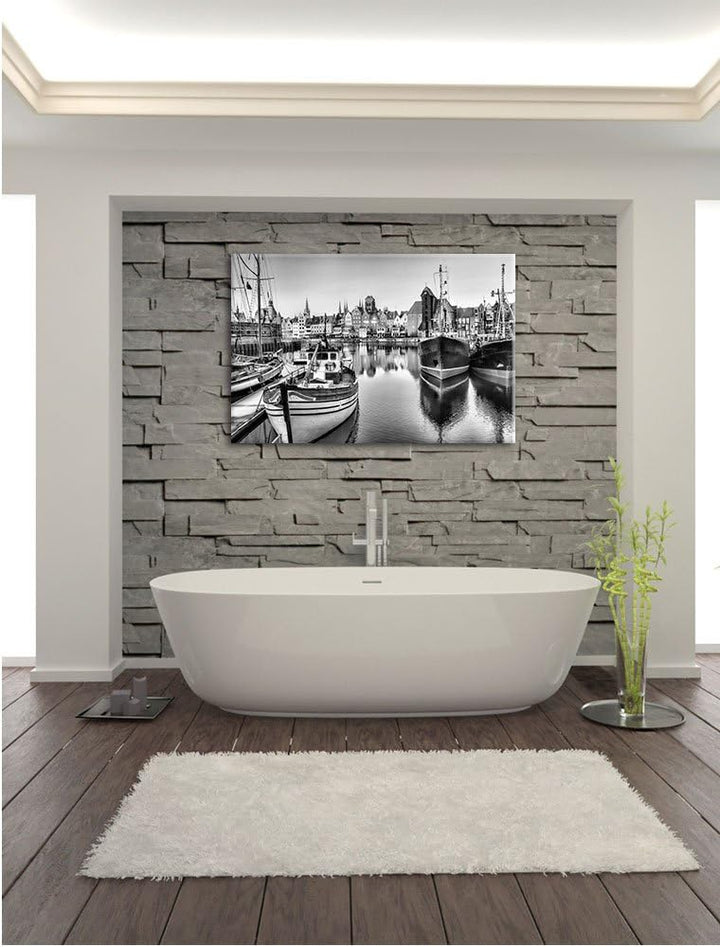 Pixxprint Hafen in der Dämmerung / 100x70cm Leinwandbild bespannt auf Holzrahmen/Wandbild Kunstdruck