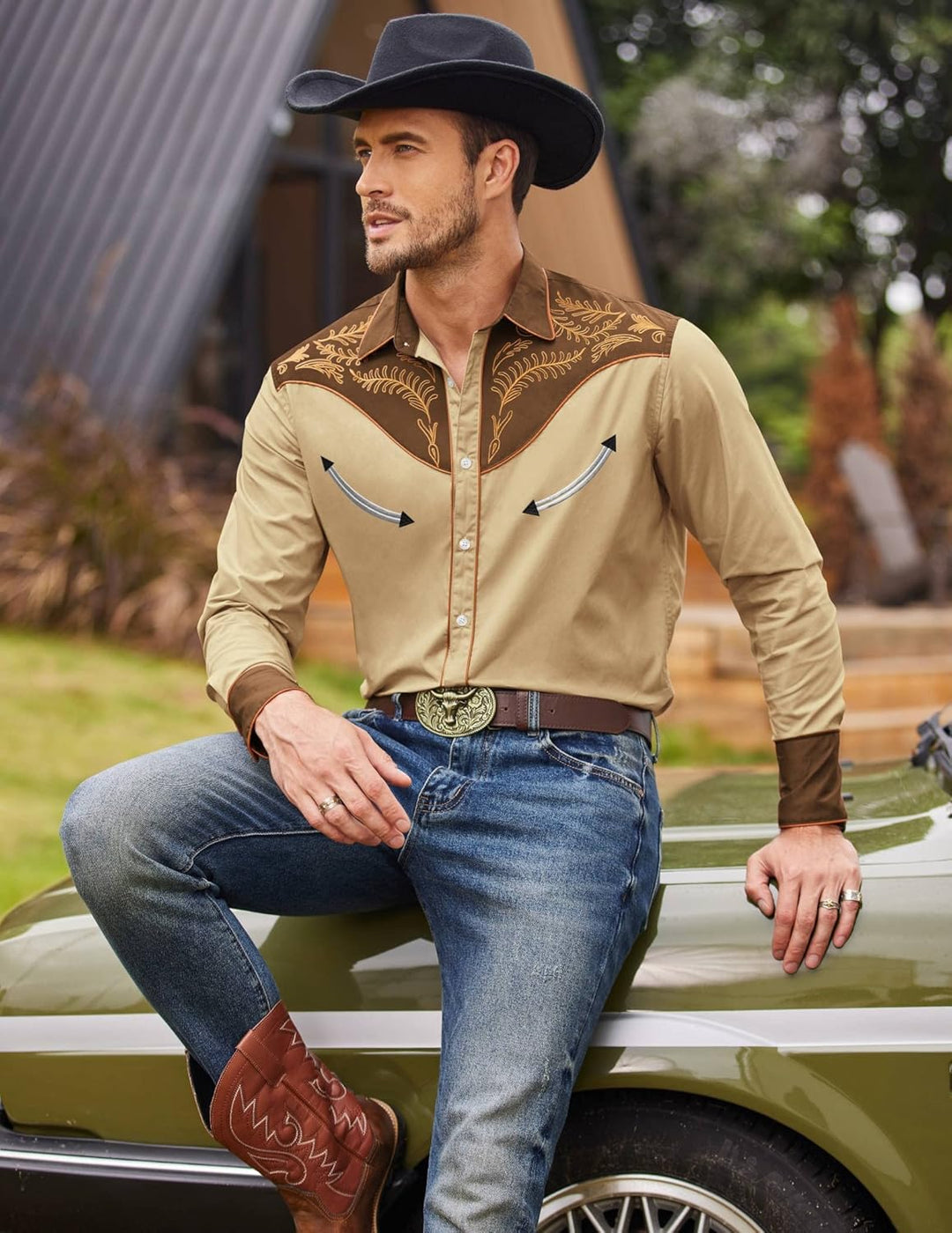 Coofandy Men's Western Embroidered Shirts Cowboy Casual Shirt Button Down Shirts Gross und kräftig M