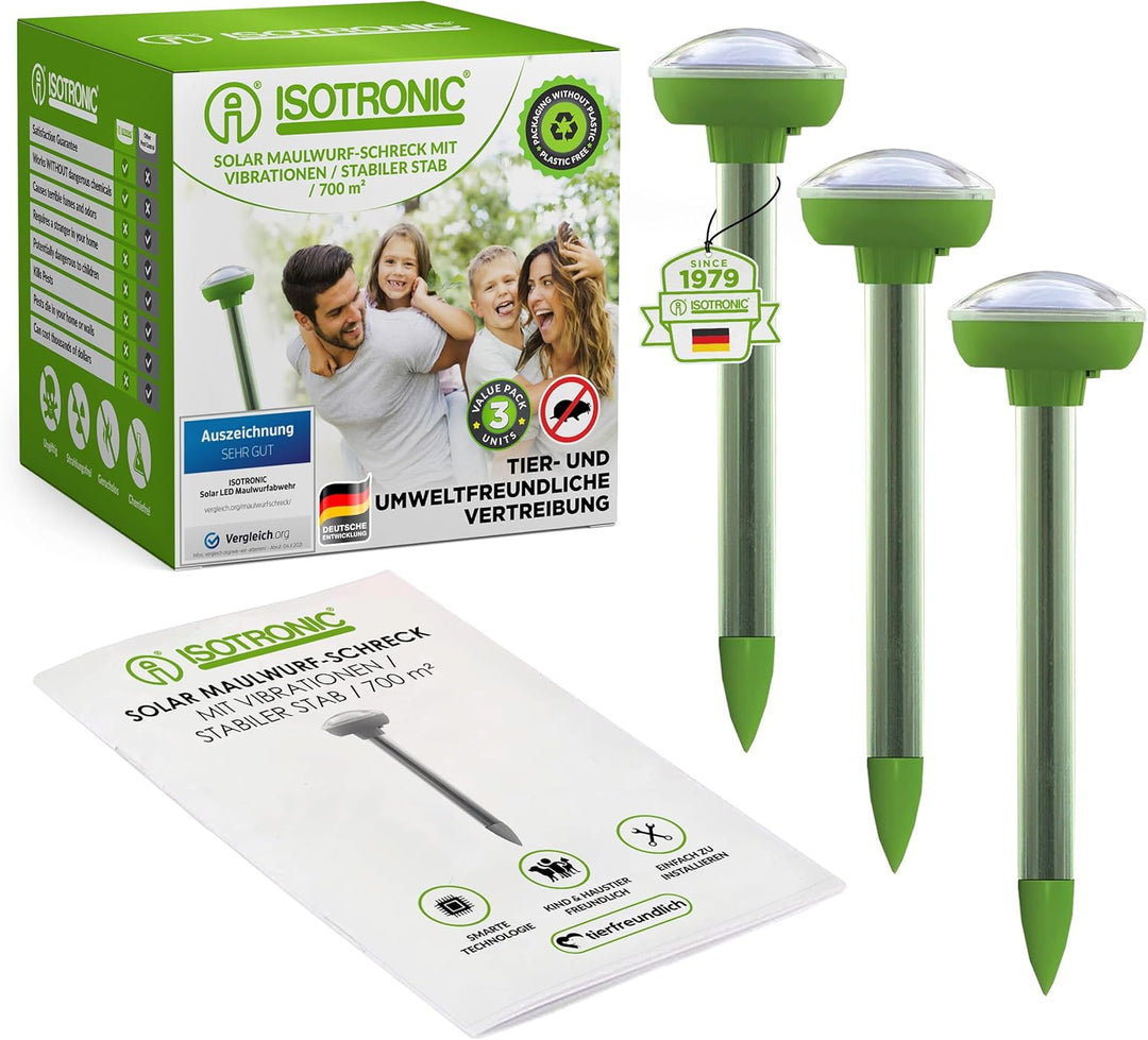 ISOTRONIC Solar Maulwurfvertreiber | gegen Bodentiere wie Maulwürfe, Wühlmäuse, Ameisen, Schlangen U