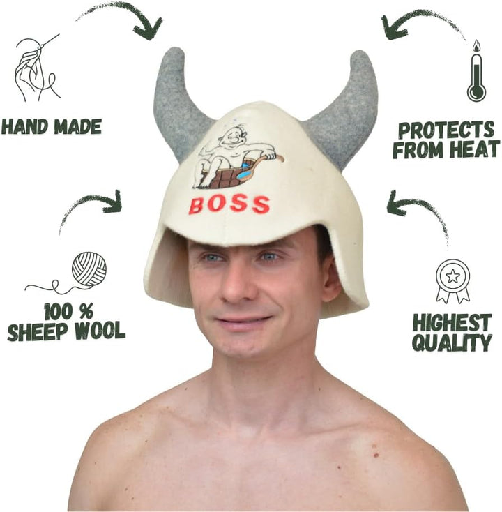 Natural Textile Saunahut 'Sauna Boss Devil' White Wollfilzmützen - Schützen Sie Ihren Kopf vor Hitze