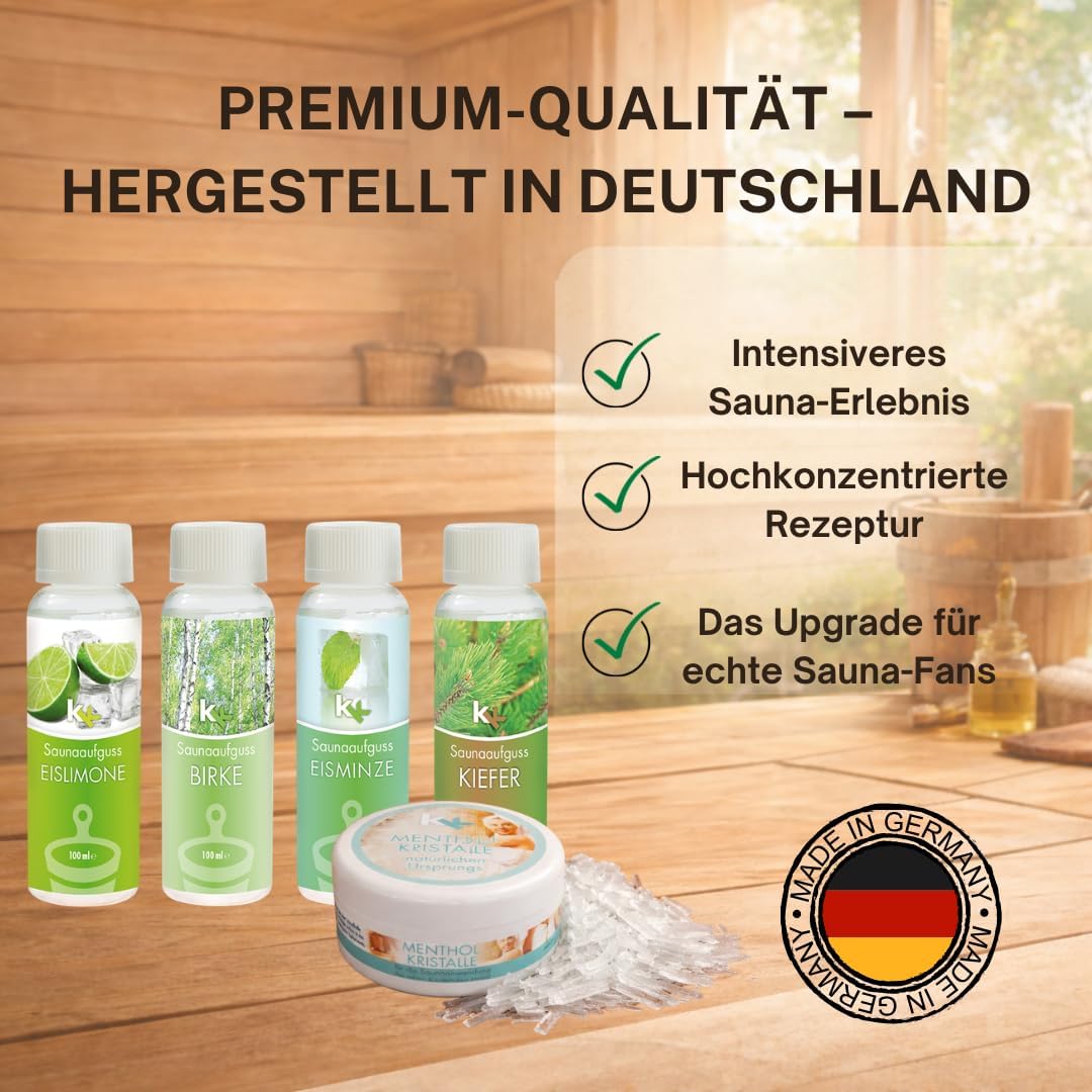 Sauna Set | KK Saunaaufgussset 4 x 100 ml + 50g Mentholkristalle | Saunakonzentrat + Menthol-Kristal