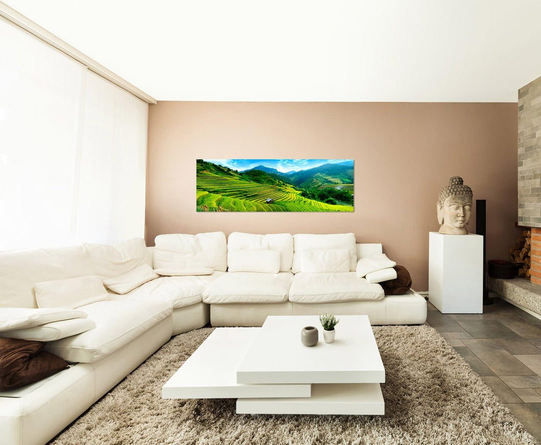 Paul Sinus Art Panoramabild auf Leinwand und Keilrahmen 150x50cm Vietnam Reisfelder Terrassen Berge