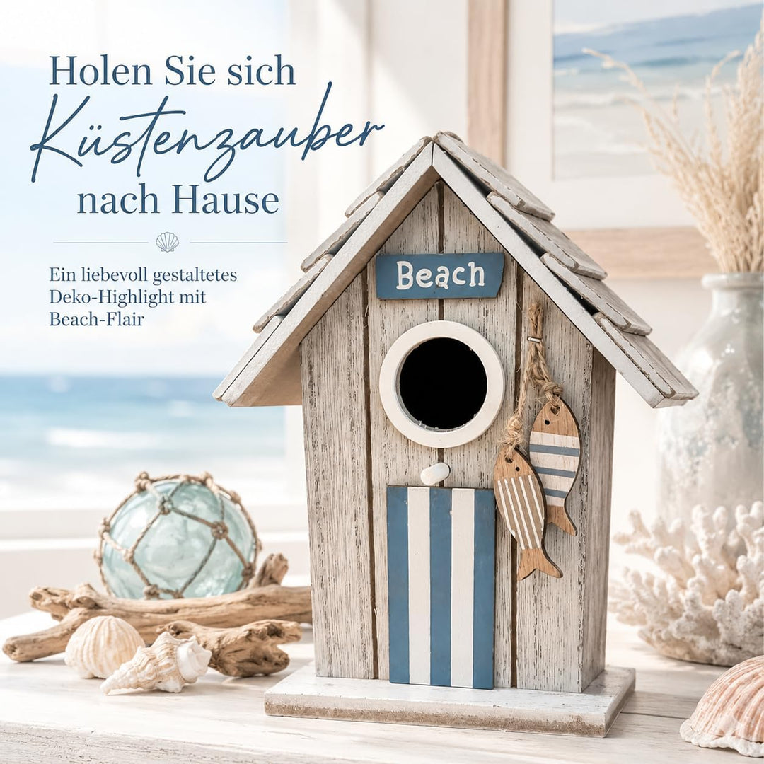 Boltze Vogelhaus Baduna mit Fischen & Beach-Schriftzug, Maritime Deko im Shabby-Look, MDF bemalt, ca
