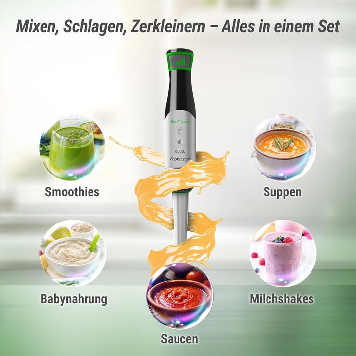 Rohnson BlendMaster R-5750 Stabmixer mit 1500 W, Vario-Blade-Technologie und Tiefenregelung, inklusi