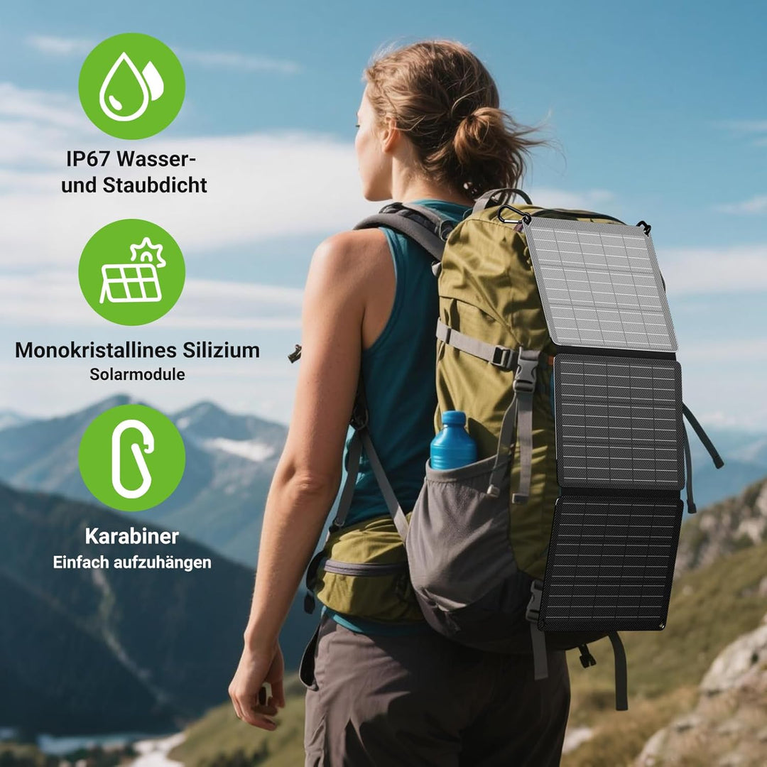 30W Solarpanel Faltbar mit 3 Ports (USB-C+USB-A+DC), IP67 Wasserdichtes Tragbares Solar-Ladegerät, H