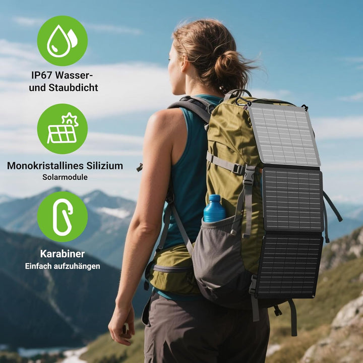 30W Solarpanel Faltbar mit 3 Ports (USB-C+USB-A+DC), IP67 Wasserdichtes Tragbares Solar-Ladegerät, H