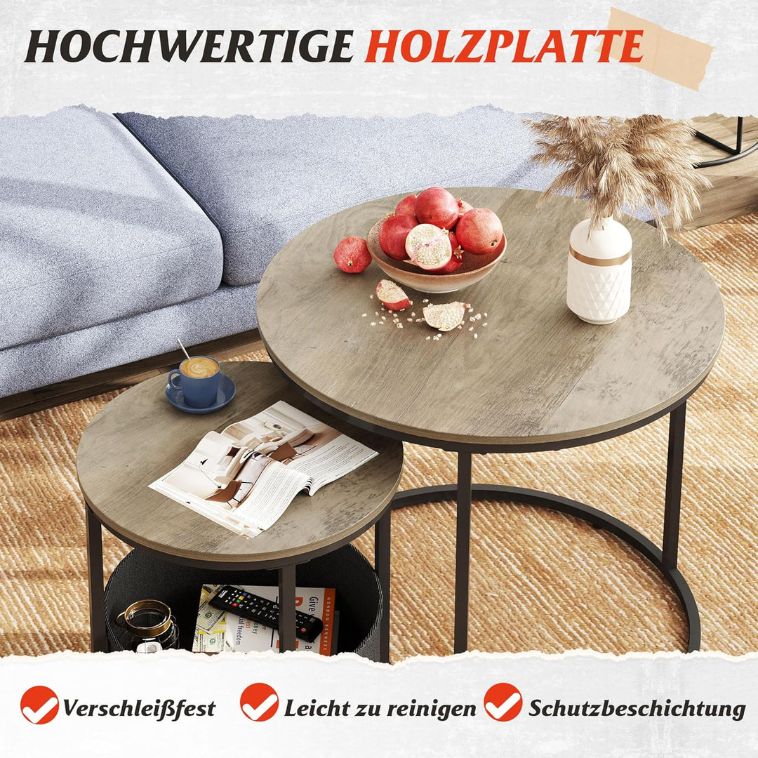 WLIVE Couchtisch Rund 2er Set, Kleiner Beistelltisch mit Stoffkorb, Satztische Wohnzimmertisch mit M