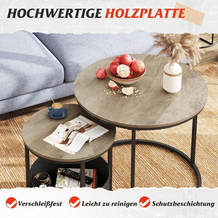 WLIVE Couchtisch Rund 2er Set, Kleiner Beistelltisch mit Stoffkorb, Satztische Wohnzimmertisch mit M