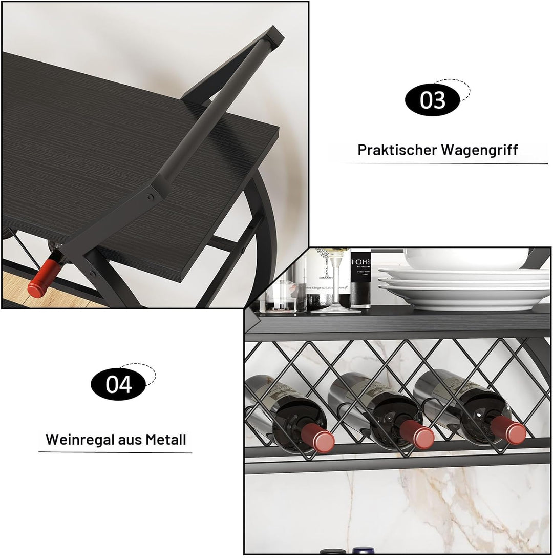 LVB Servierwagen mit Rollen, Barwagen mit Weinregal, Küchenwagen mit 2 Ebenen, Weinwagen, Getränkewa