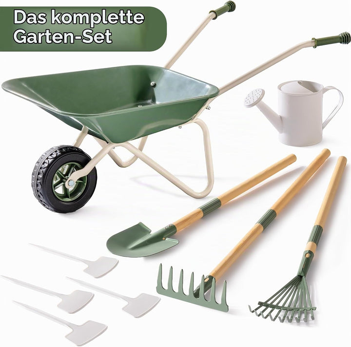 ROBUD Kinder Schubkarre Metall mit Kinder Gartenwerkzeug Set, Schubkarre mit Langer Schaufel, Hacke,