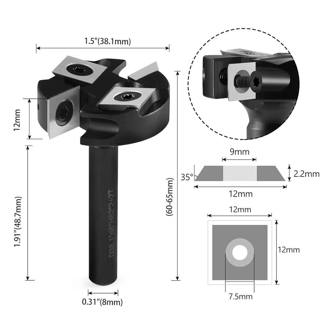 Trvoxviq Planfräser 8mm Schaft 2+2 Flöten, 38.1mm Durchmesser Hobelfräser für Oberfräse mit Wendepla