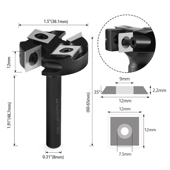 Trvoxviq Planfräser 8mm Schaft 2+2 Flöten, 38.1mm Durchmesser Hobelfräser für Oberfräse mit Wendepla