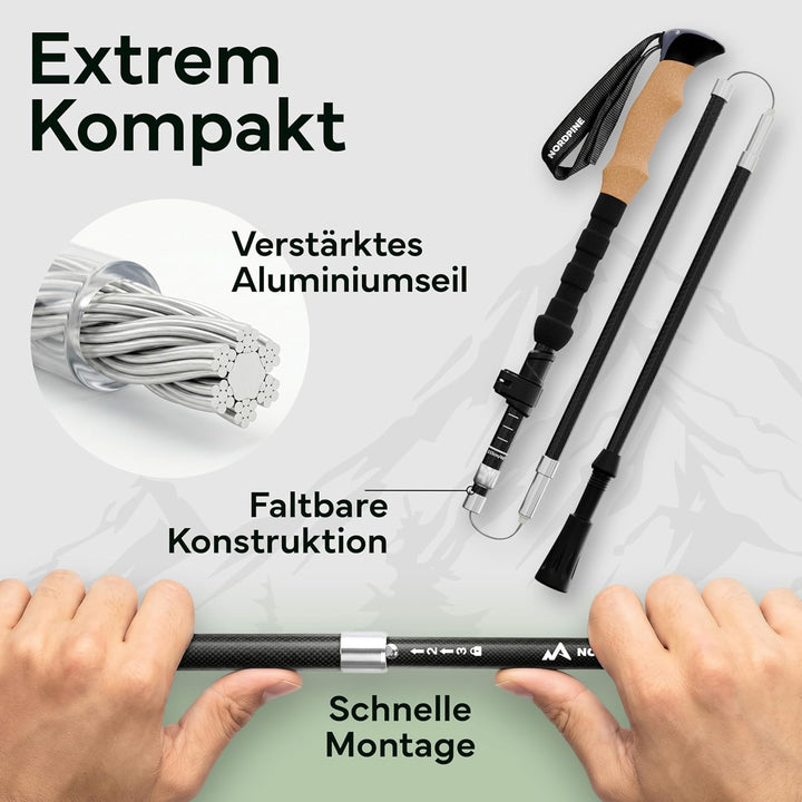 Wanderstöcke faltbar - Carbon & Aluminium für Damen & Herren - Ultraleichte Trekkingstöcke mit Korkg