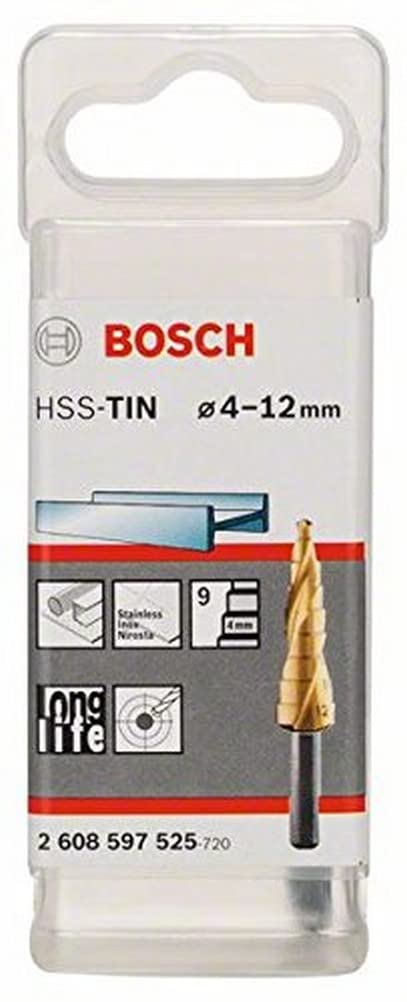 Bosch Professional Stufenbohrer HSS-TiN mit 3-Flächen-Schaft (Ø 4-12 mm, 9 Stufen)