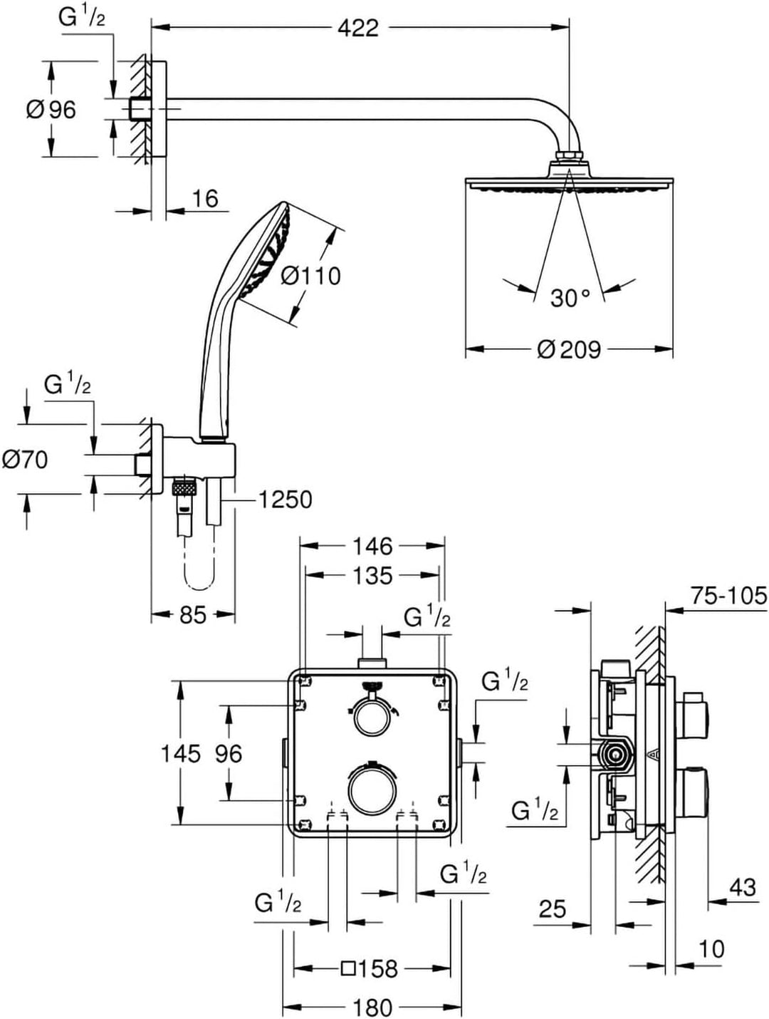Grohe Grohe Duschsystem Unterputz mit Rainshower Cosmopolitan 210 210 mm UP-Duschsystem Eckiges Desi
