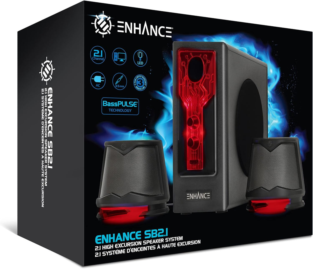 ENHANCE SB 2.1 Computerlautsprecher mit Subwoofer – Rot LED-Gaming-Lautsprecher, High-Excursion-Soun