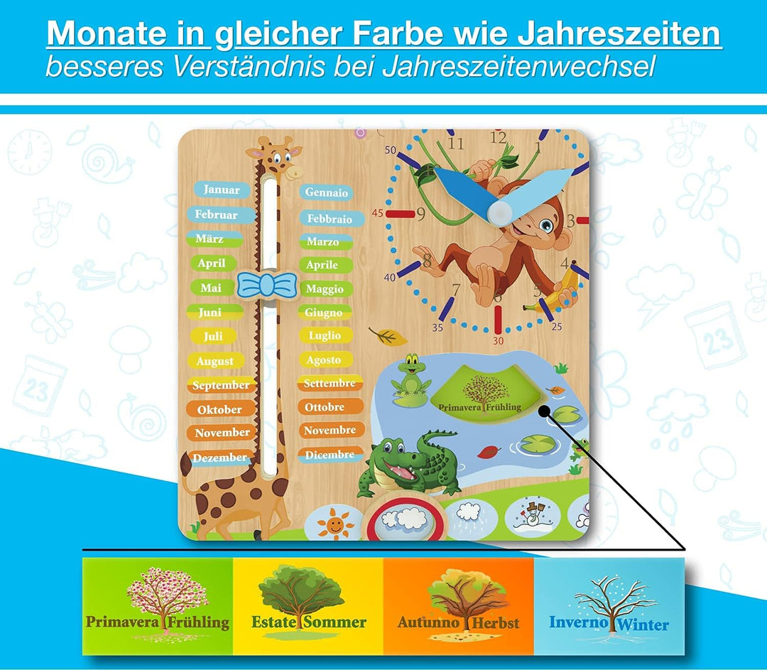 WoodyWood® Kalenderuhr für Kinder - Lernuhr aus Holz, zweisprachig, 30 X 30 cm - Montessori Jahresuh