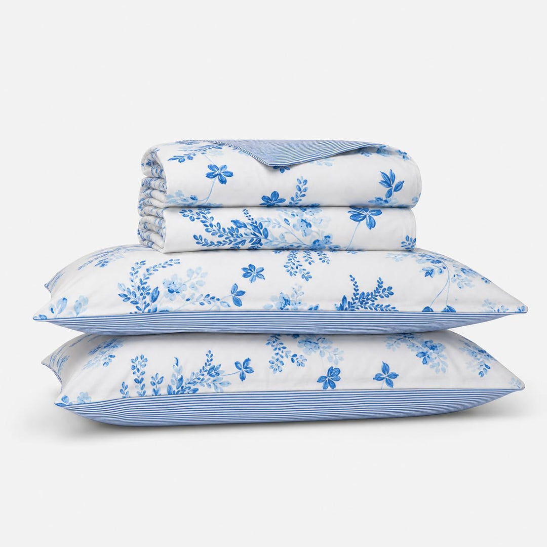 LERUUM Bettwäsche Set 135X200 Baumwolle Streifen Blumen Reversibel Blau Bettbezugen (135 x 200 + 80