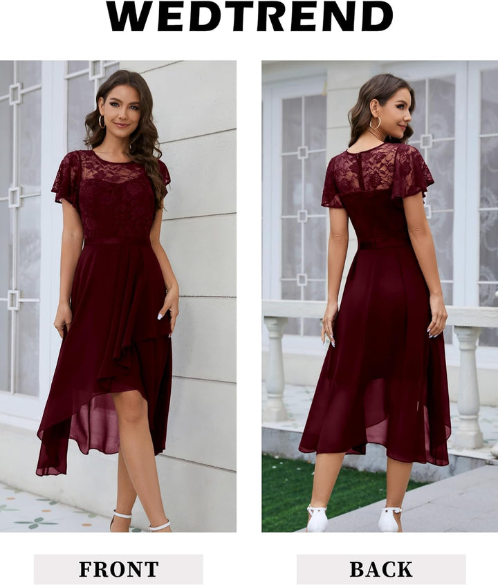 Wedtrend Abendkleid Damen Elegant für Hochzeit High Low Cocktailkleid Chiffonkleid mit Spitzen A Lin