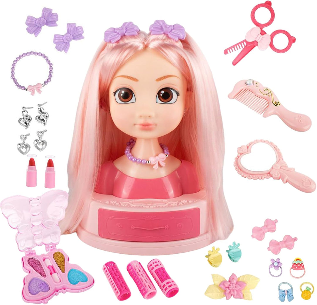 Mädchen Beauty-Salon Set | Puppenkopf Styling-Set mit Schmink-Kosmetik - Styling Spielzeug Set Mit O