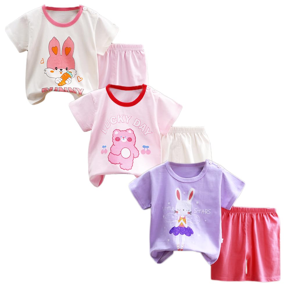 Baby Mädchen 3er Set Kurzarm Shorts T-Shirts Halbarm,6er Pack （Mit/Ohne Schulterschnalle） 5-7 Jahre