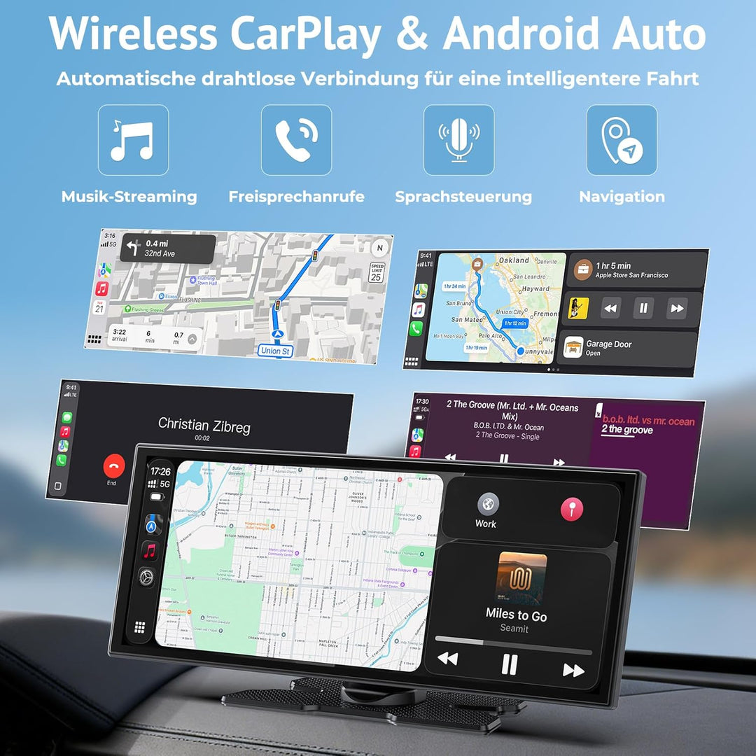 11,26" Wireless CarPlay Bildschirm,Tragbarer CarPlay & Android Auto Display,1080P Rückfahrkamera,Spl