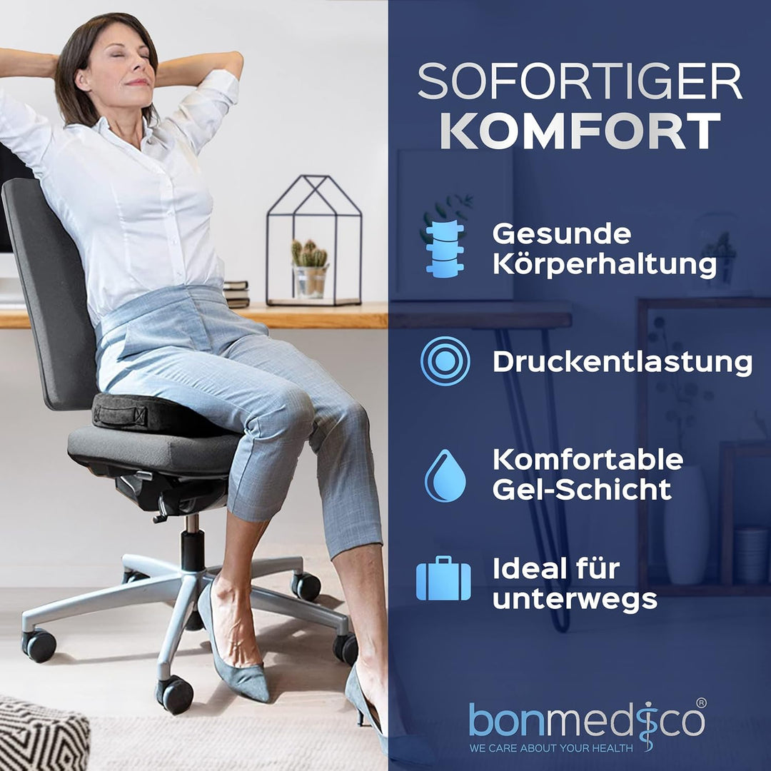 bonmedico Sitzkissen orthopädisch - Memory Foam mit Gel - Ergonomisches Sitzkissen, Bürostuhl Sitzki