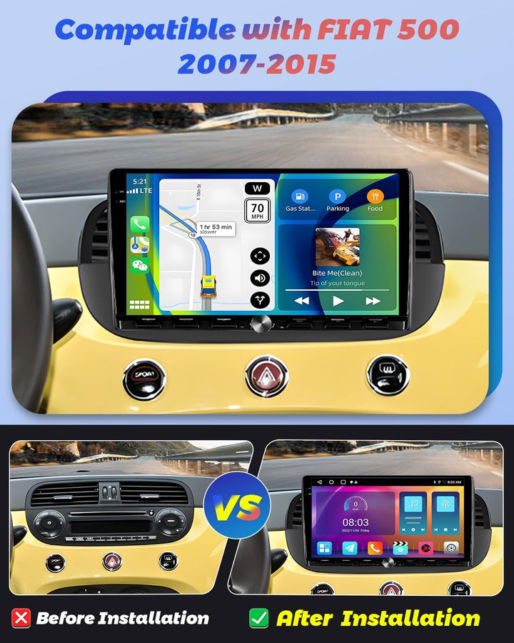 Hikity 2+64G Android 15 Autoradio für FIAT 500 2007-2015 Radio Carplay Android Auto Wireless 9" IPS