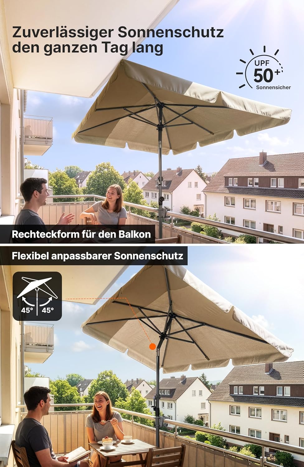 4smile Sonnenschirm Balkon mit Halterung im 3-er-Set, Sonnenschirm rechteckig 210x140 cm, Balkonschi