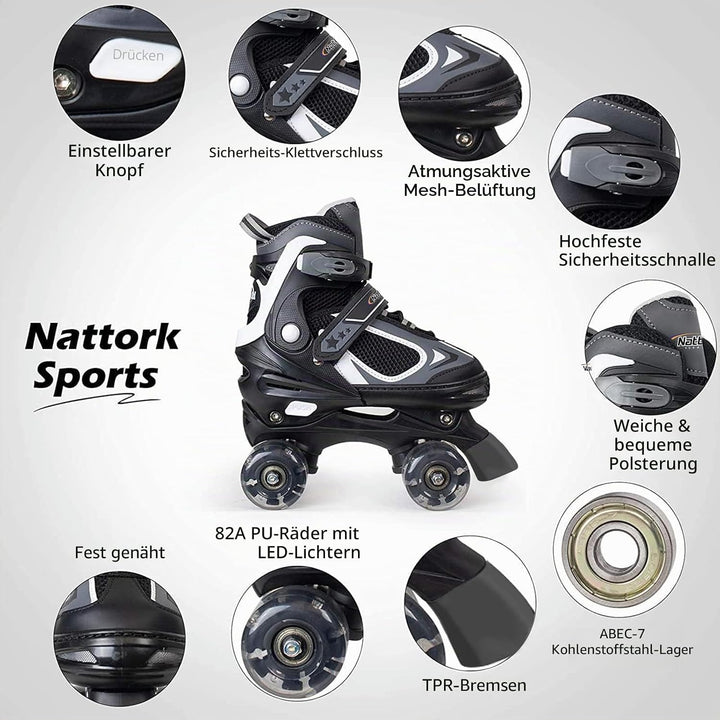 Nattork Kinder Rollschuhe für Jungen Mädchen, 4 Grössen Verstellbare Quad Skates, Roller Skates mit