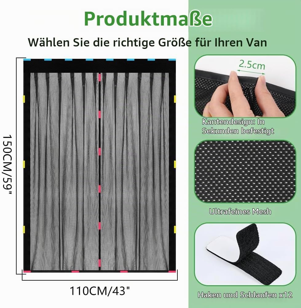 Moskitonetz Magnetisch für Auto Schiebetür (Schwarz, 150x110cm) | Magnetischer Van Sonnenschutz mit