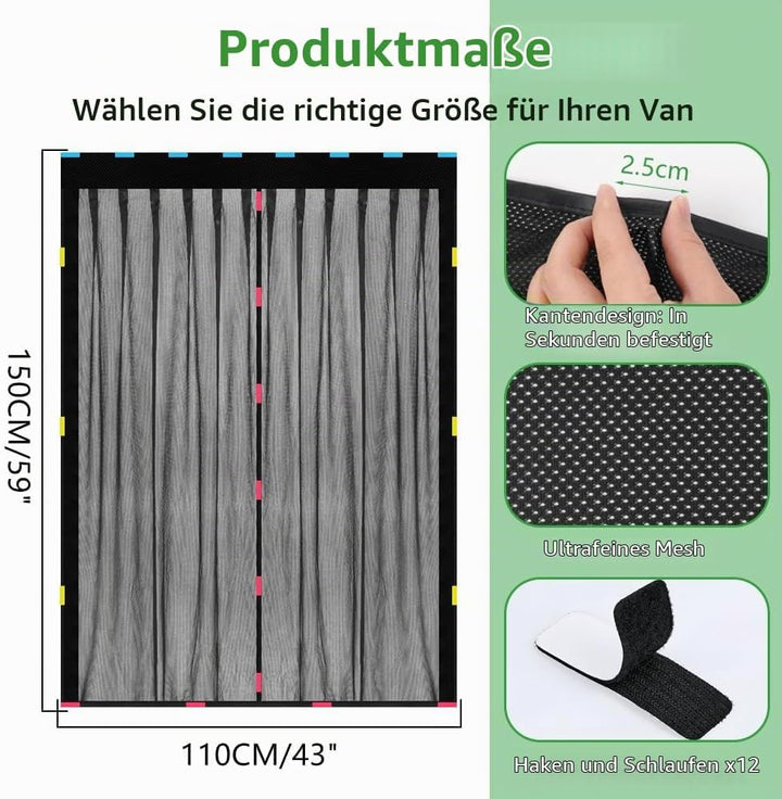 Moskitonetz Magnetisch für Auto Schiebetür (Schwarz, 150x110cm) | Magnetischer Van Sonnenschutz mit