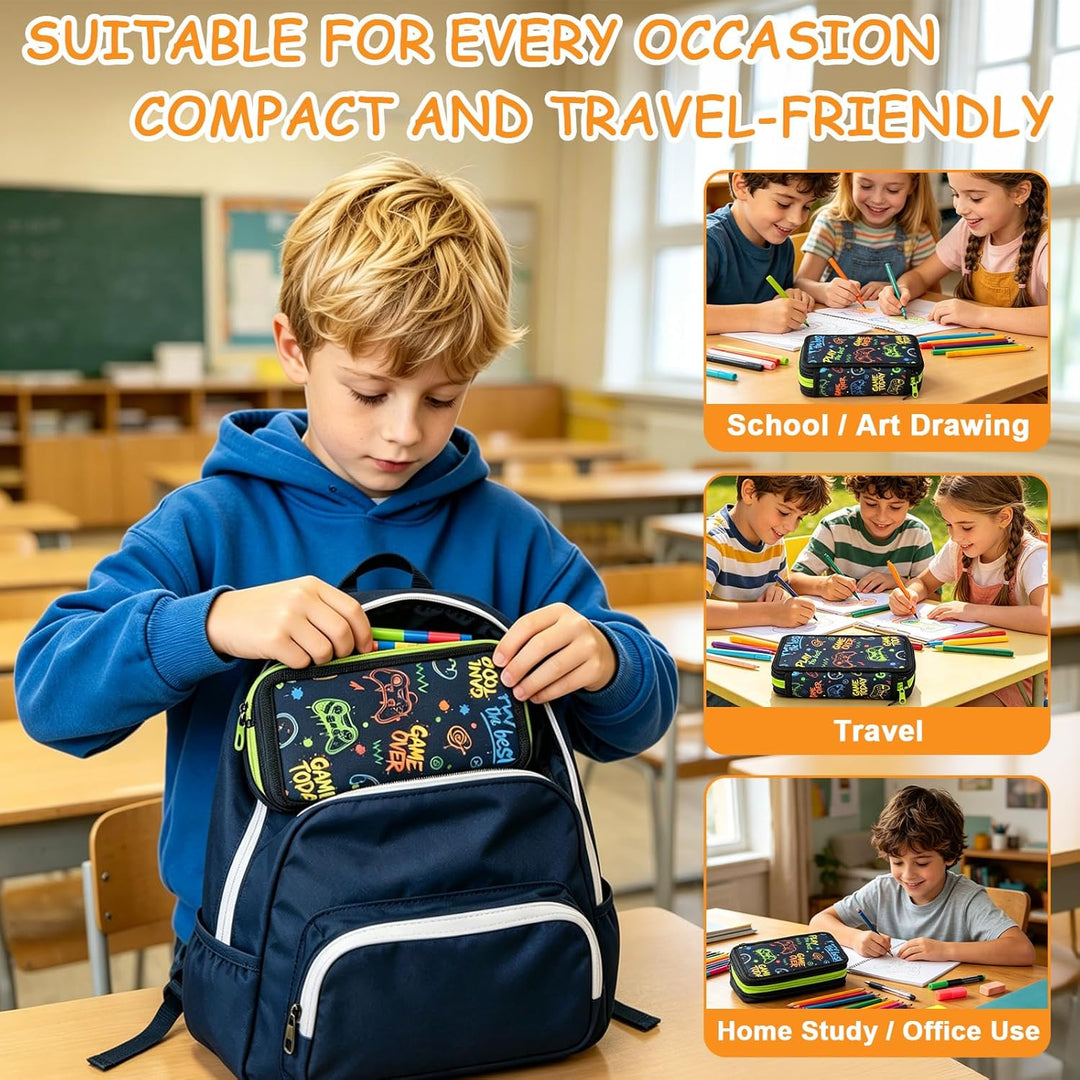 Federmäppchen Jungen 41 Teilig, 3 Fach Gaming Federtasche | Stiften, Textmarker, Radierer, Lineal Se